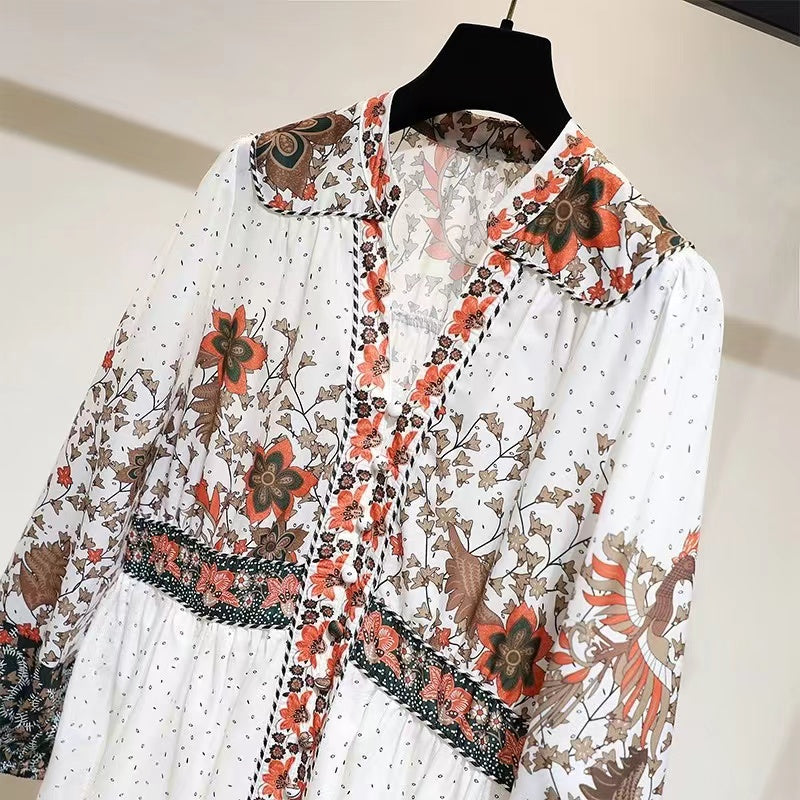 Elegant Round Neck Printed Long Sleeve Long Dresses