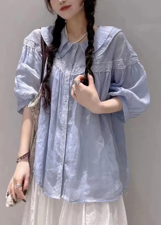 Oversized Peter Pan Collar Lace Cotton Short Sleeve Shirt