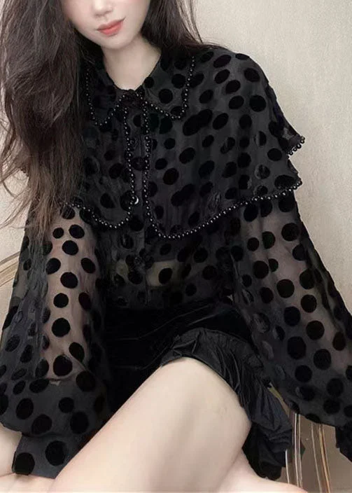Women's Polka Dot Black Peter Pan Collar Beaded Patchwork Velvet Shirt