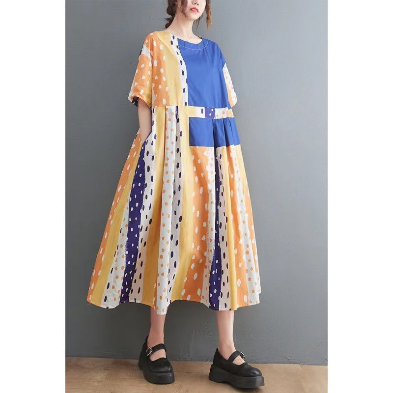 Loose Round Neck Spliced Color Block Polka Dot Short Sleeve Dress
