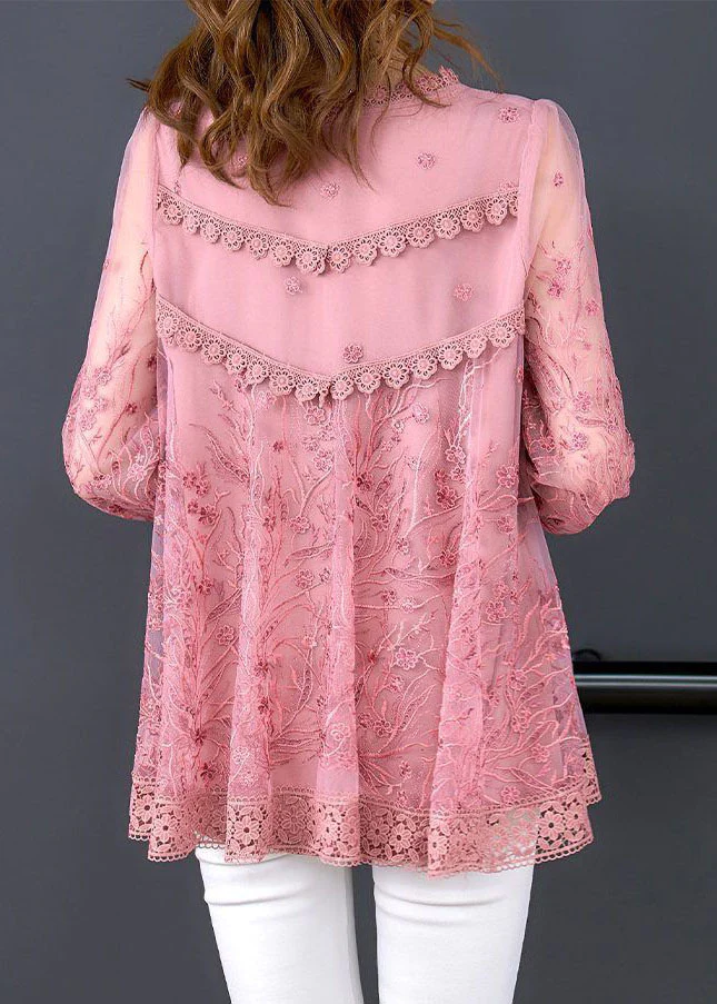 Elegant Organic Pink Embroidered Patchwork Tulle Top