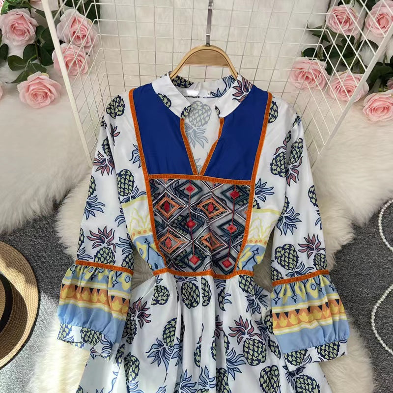 Bohemian V-Neck Printed Beach Hem Long Sleeve Dress