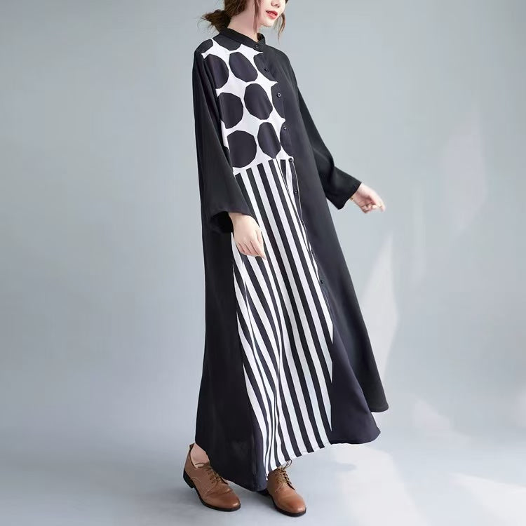 Women's Patchwork Black Cardigan Cotton Long Sleeve Dress Spring