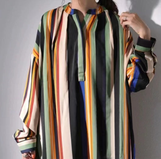 Elegant Lapel Striped Color Clash Long Sleeve Shirt Dress