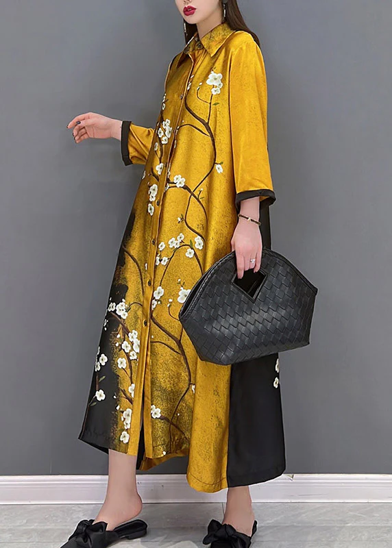 Women's Plus Size Yellow Peter Pan Collar Printed Button Silk Long Sleeve Dress Spring