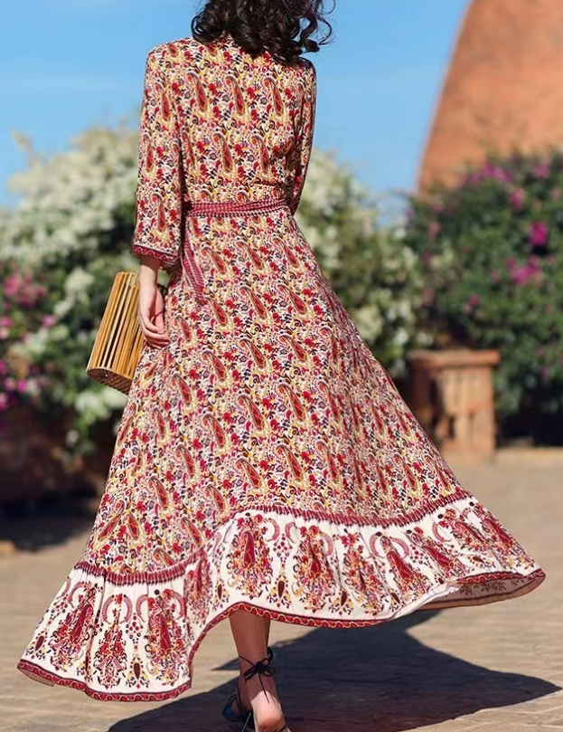Floral Printed V-Neck Color Block Tie Beach Dress