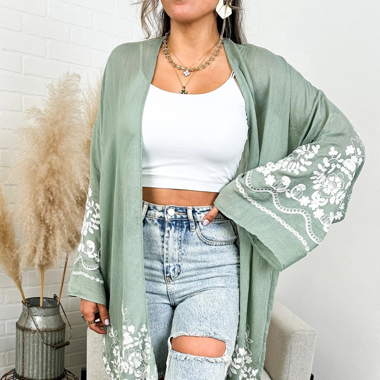 Women's Long Sleeve Embroidered Floral Lace Cardigan Kimono