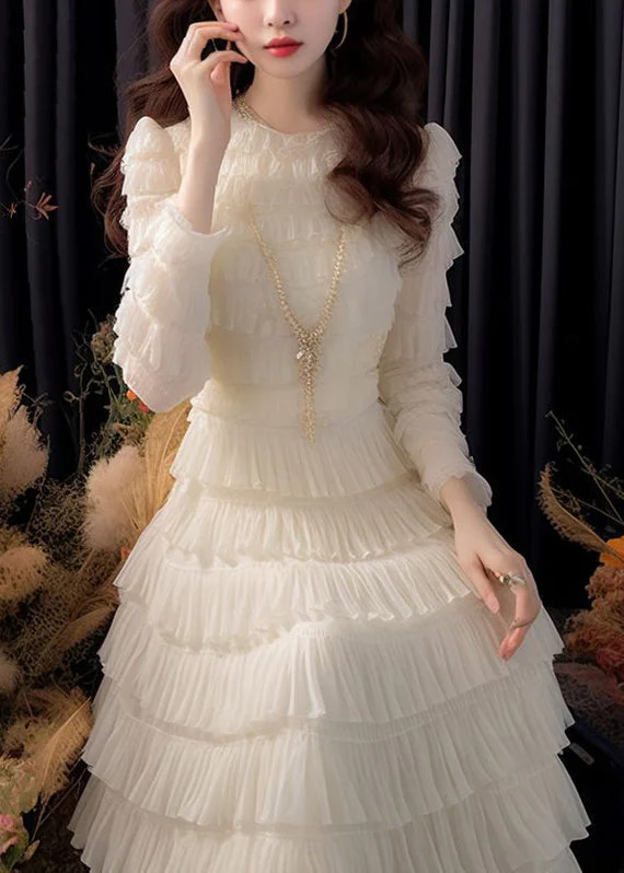 Women's Where White Solid Color High Waist Chiffon Ruffled Long Sleeve Dresses Dresses