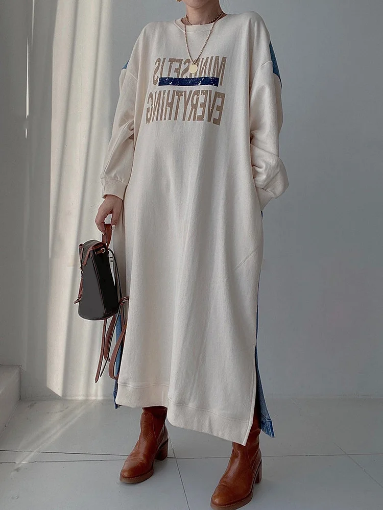 Women's Big Size Fashion Letter Printed Denim Patchwork Long Sleeve Sweatshirt Dress Spring