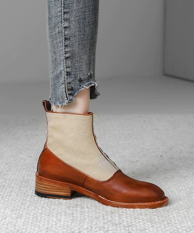 Vintage Patchwork Thick Boots Faux Leather Shoes