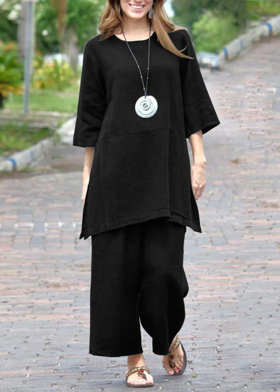 Caramel-colored round-neck side-opening cardigan and cropped pants two-piece set