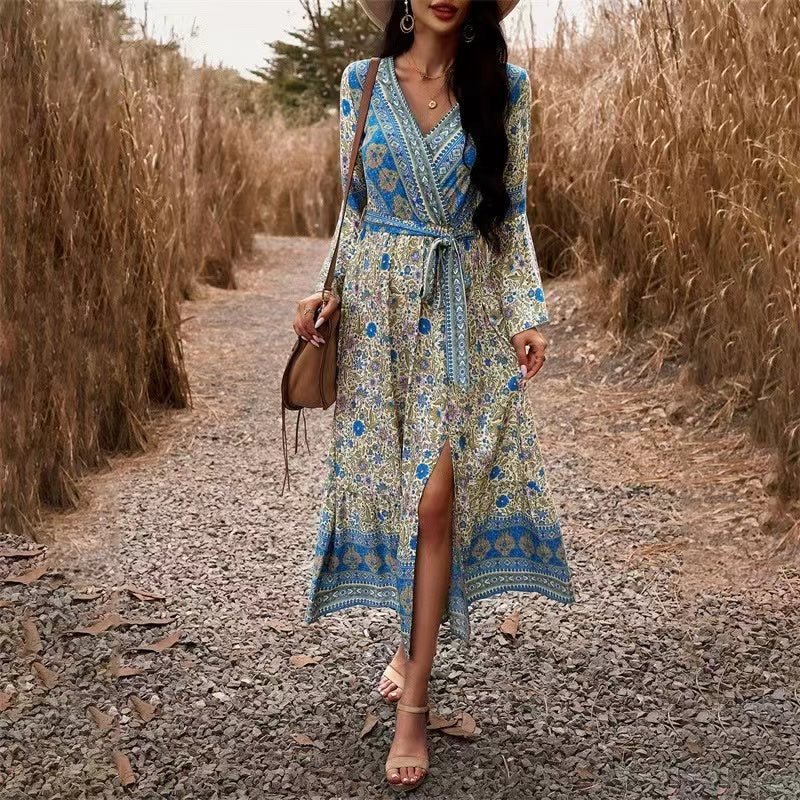 Casual V-Neck Printed Tie Long Sleeve Dress