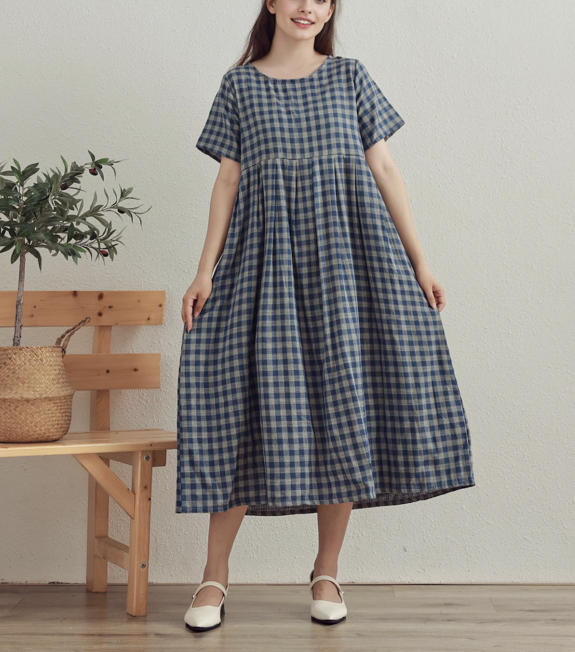 Plaid Plain Fine Fabric Dress Natural Cotton Dress Organic Gauze Soft Loungewear Customized Plus Size Dresses