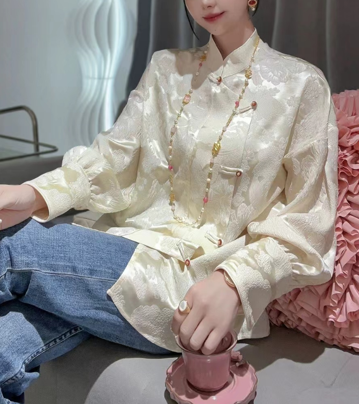 Chinese Standing Collar Button Wrap Silk Jacquard Blouse