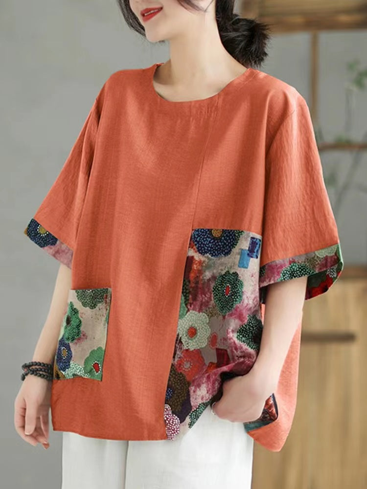 Casual Printed Spliced Round Neck Short Sleeve T-Shirt Top