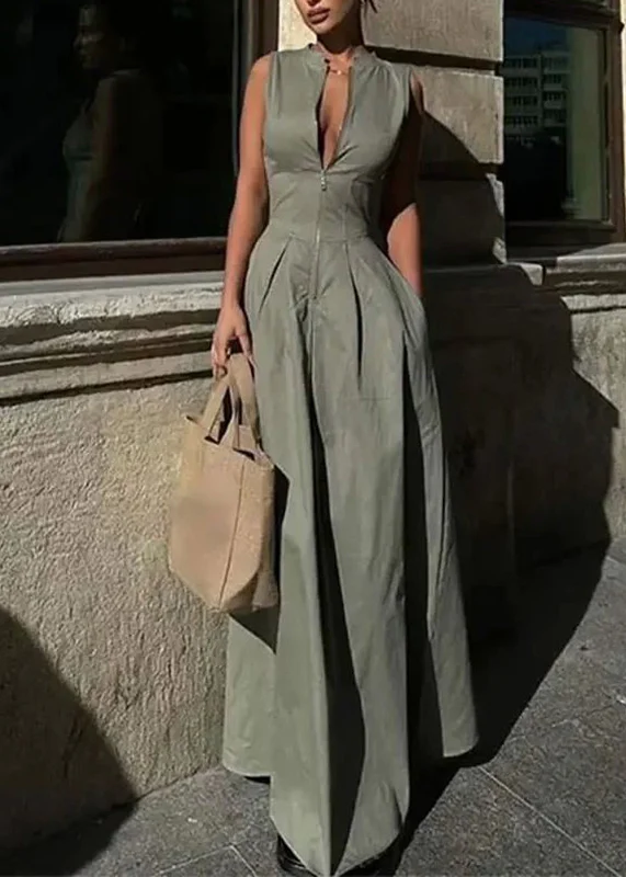 Cotton, Party Green Round Neck Sleeveless Pleated Slim Long Dress