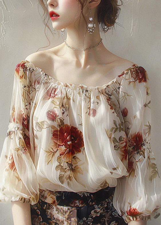 Ruffle Printed Slant Neck Printed Chiffon Half Sleeve Blouse Top