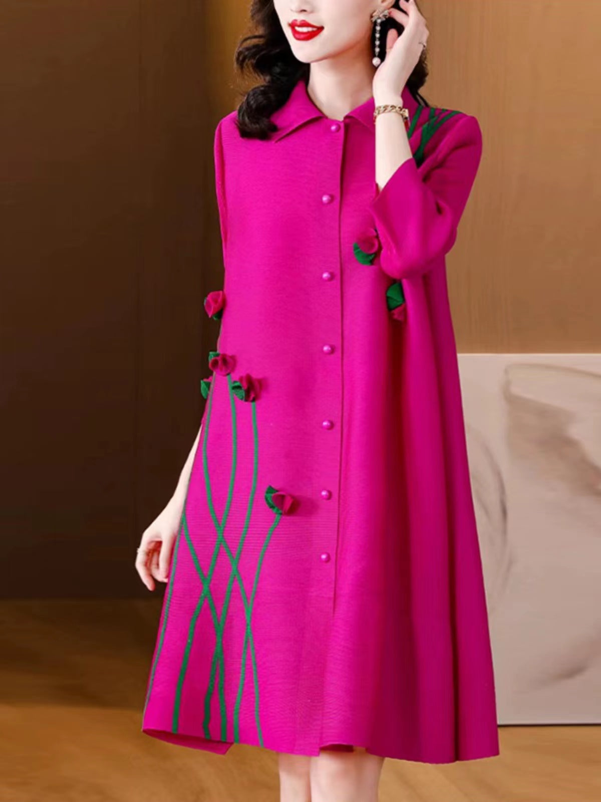 Lapel Cardigan Midi Shirt Dress