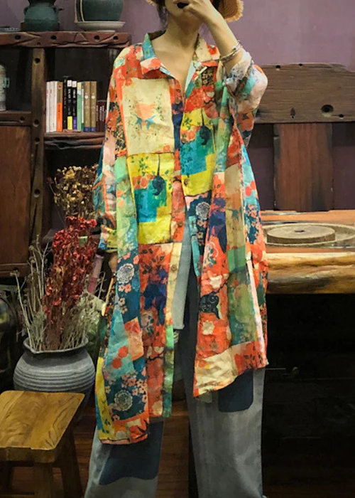 Lapel Geometric Print Patchwork Linen Shirt Long Sleeve