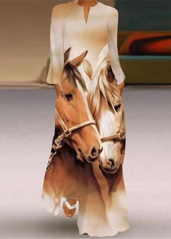 Women's Beach Boho Party Mom Colorblock V Neck Printed Long Dresses Cowboy