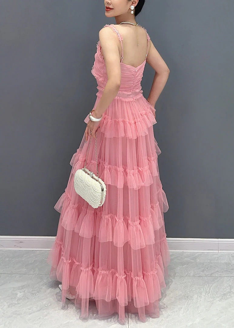 Italian Pink Ruffle Tulle Spaghetti Strap Long Dress