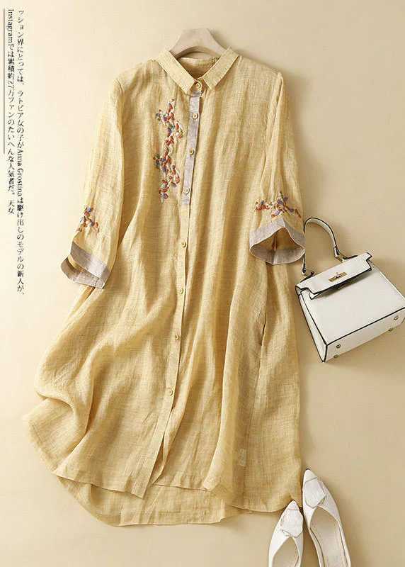 Embroidered Patchwork Linen Short Sleeve Shirt Dress