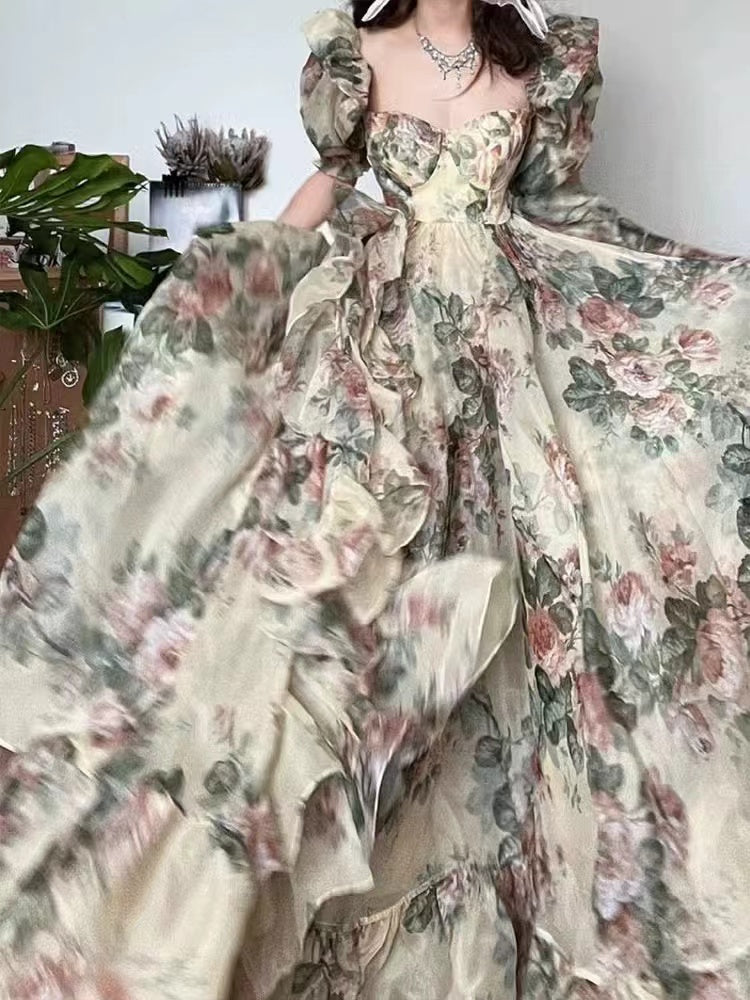 Elegant yellow background rose print asymmetric resort maxi dress