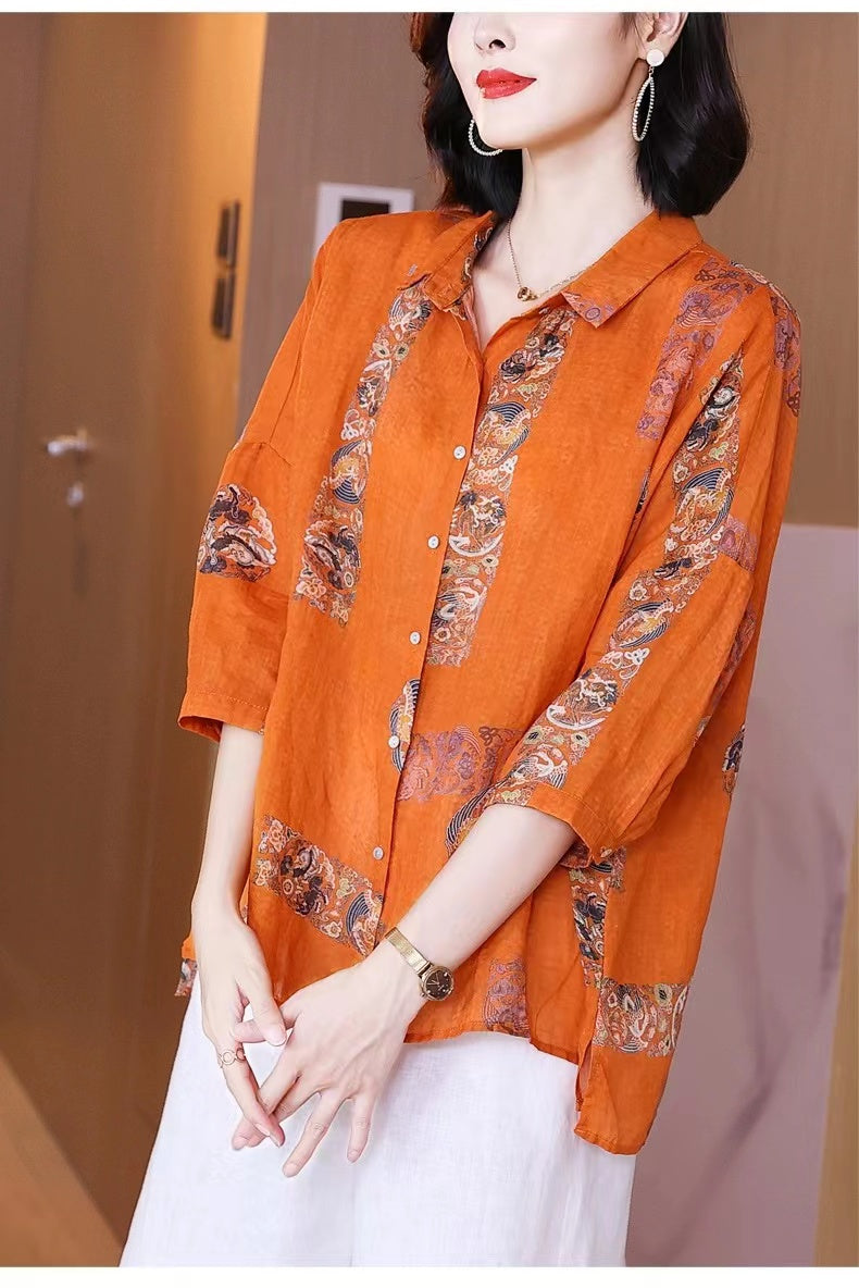 Elegant Printed Lapel Patchwork Cotton Shirt Top
