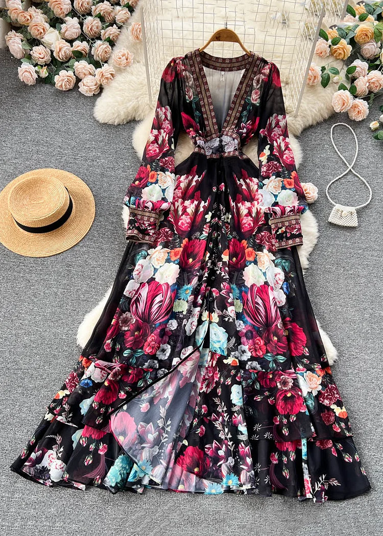 Women's V-neck Printed Elastic Waist Chiffon Long Skirt Spring