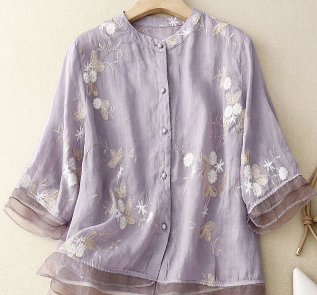 Elegant Embroidered Button Patchwork Cotton Cardigan Shirt Top