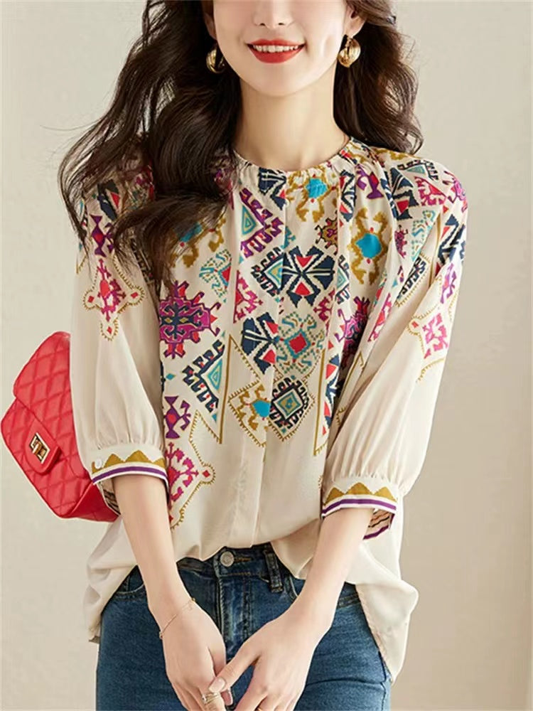 Vintage Geometric Print Silk Short Sleeve Prints