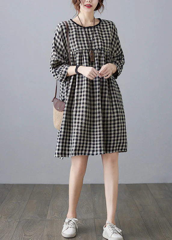 Vintage O Neck Pocket Plaid Linen Dress