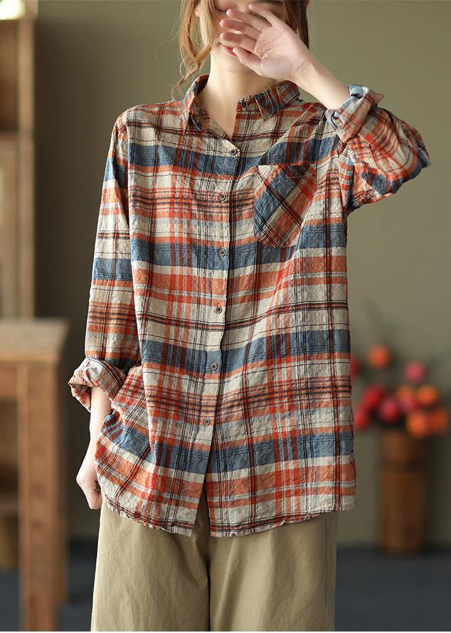 Women's Plaid Shirt Lapel Pocket Art Top