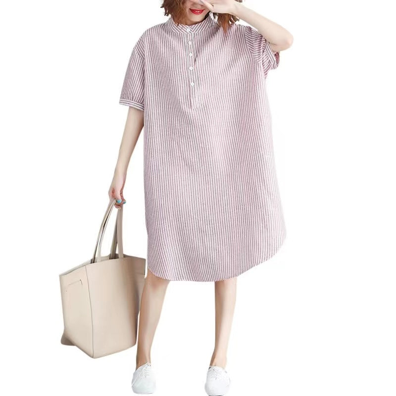 Chic Collar Button Down Short Sleeve Striped Dress