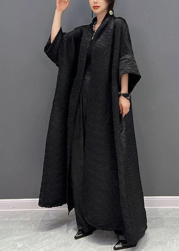 Italian Black Large Pocket Jacquard Silk Trench Coat Spring