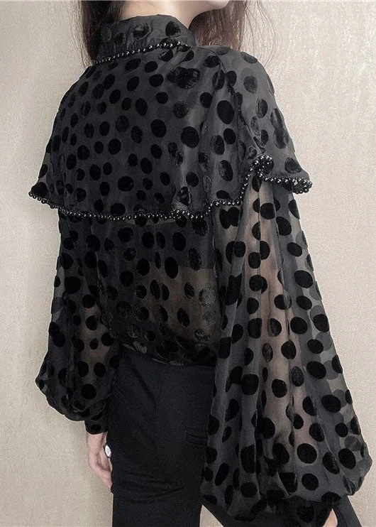 Women's Polka Dot Black Peter Pan Collar Beaded Patchwork Velvet Shirt