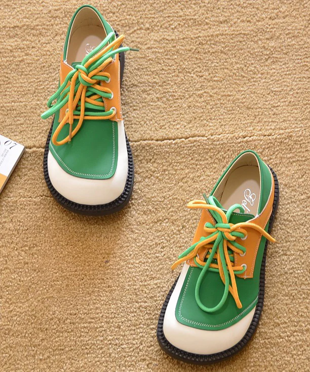 Green Lace Up Patchwork Flats