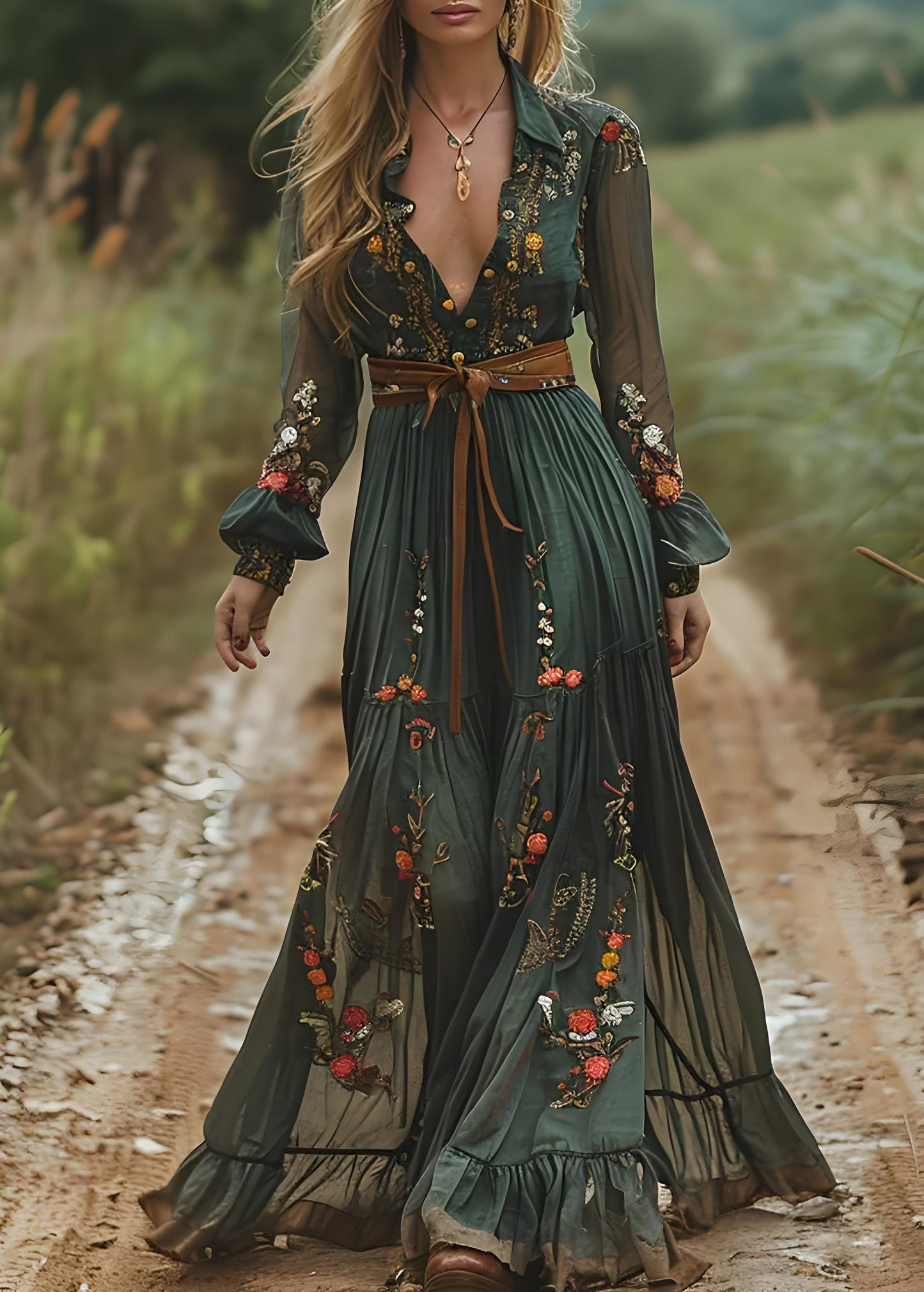 Women's Boho Green Peter Pan Collar Printed Ruched Cotton Long Dresses