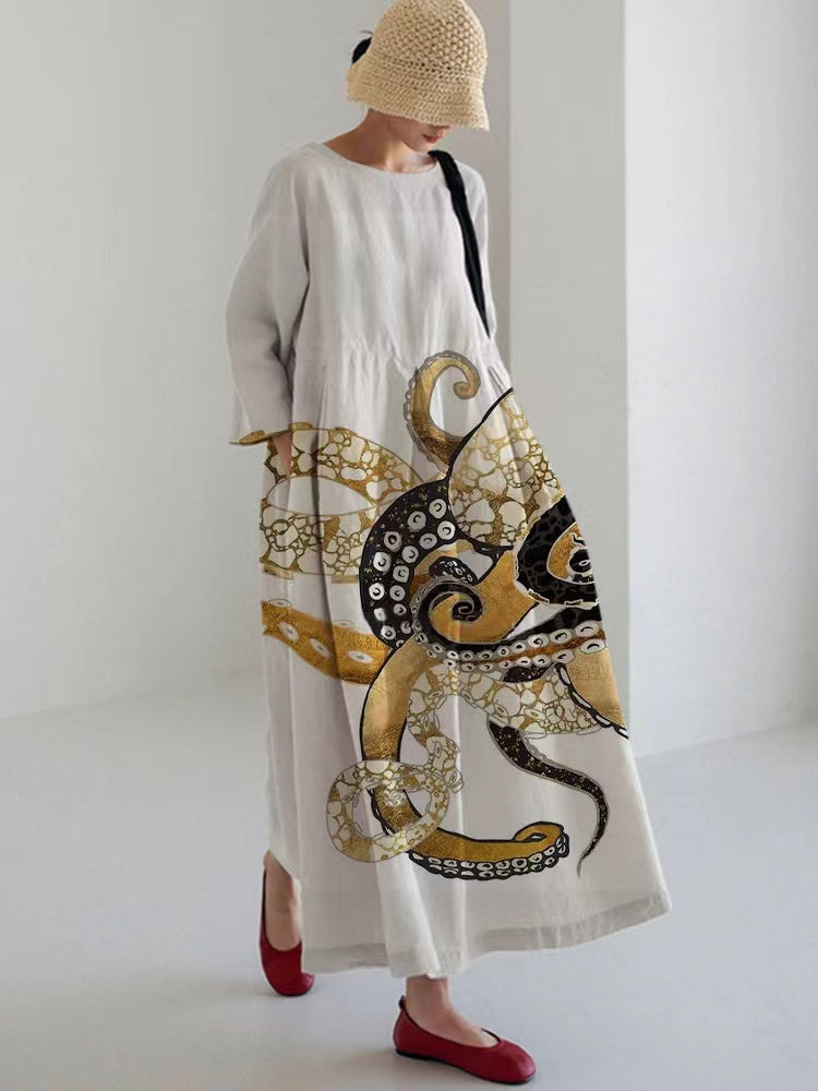 Loose Round Neck Printed Linen Cotton Spring Dresses