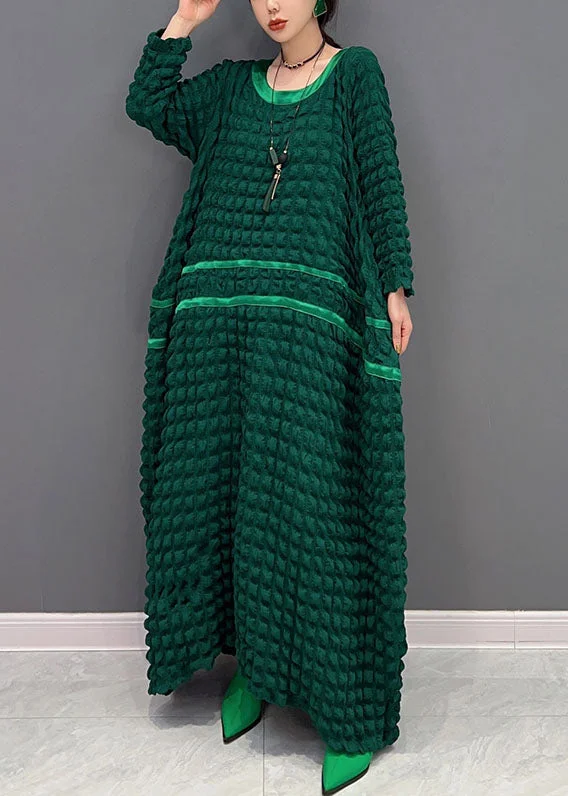Women's Italian Green Round Neck Long Sleeve Patchwork Dress Spring