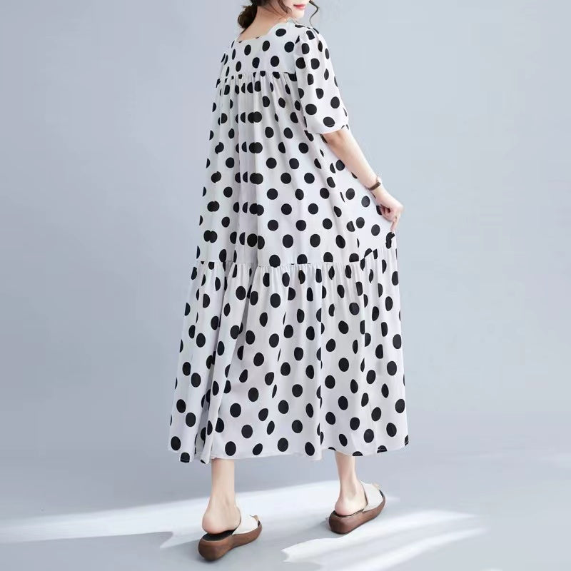 Plus Size Polka Dot Square Neck Short Sleeve Long Dresses