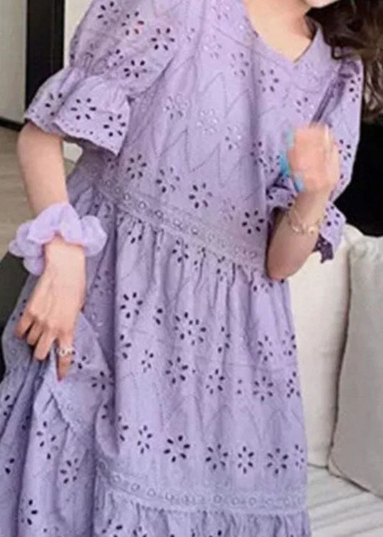 Embroidered Cutout Cotton Bubble Sleeve Dress