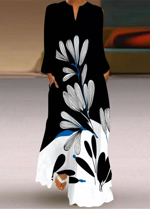 Women's Beach Boho Party Mom Colorblock V Neck Printed Long Dresses Cowboy