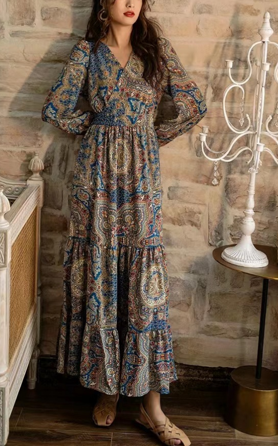 Loose V-Neck Printed Beach Long Sleeve Long Dresses