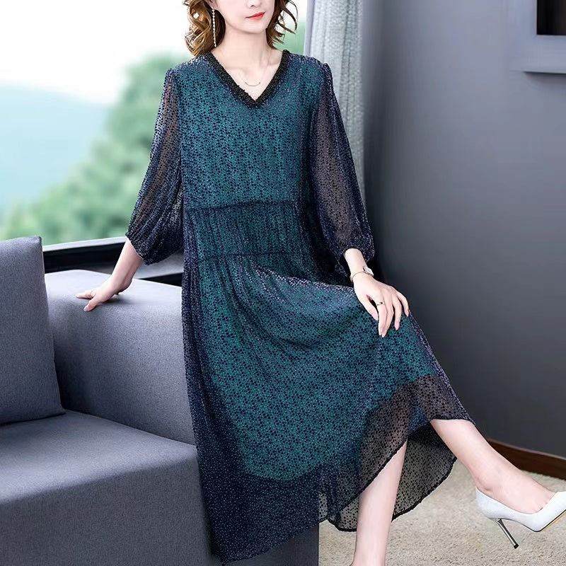 Stylish V-neck printed silk maxi dress