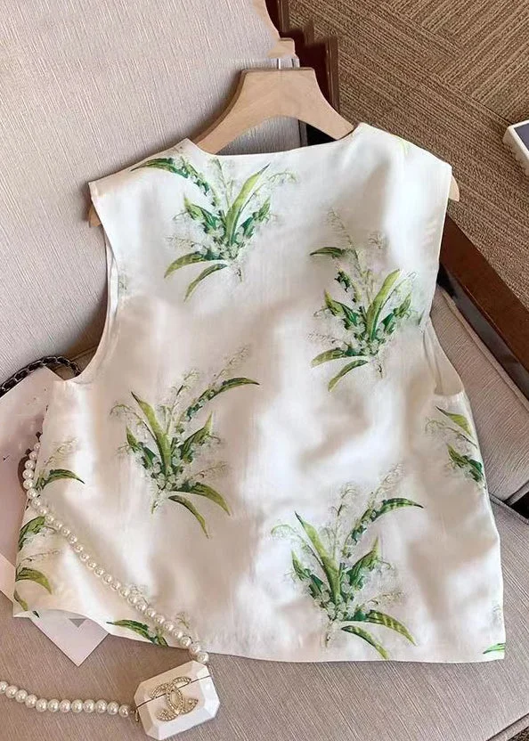 Chinese White Embroidered Chinese Button Silk Vest Sleeveless
