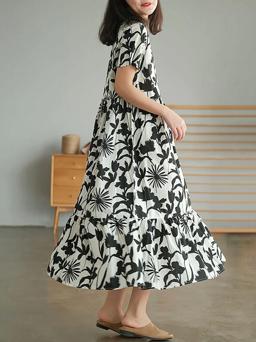 Women's Round Neck Floral Cotton Short Sleeve Dress