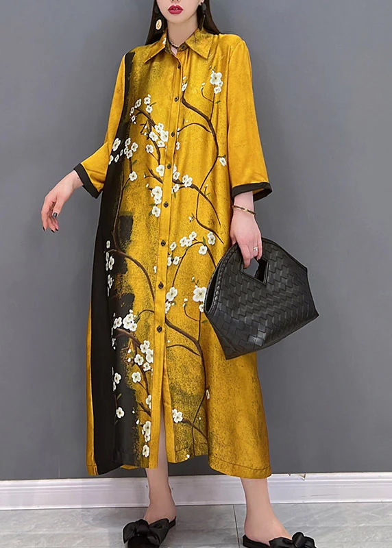 Women's Plus Size Yellow Peter Pan Collar Printed Button Silk Long Sleeve Dress Spring