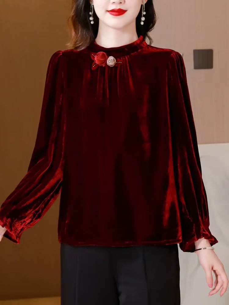 Women's Loose Gingham Floral Long Sleeve Top