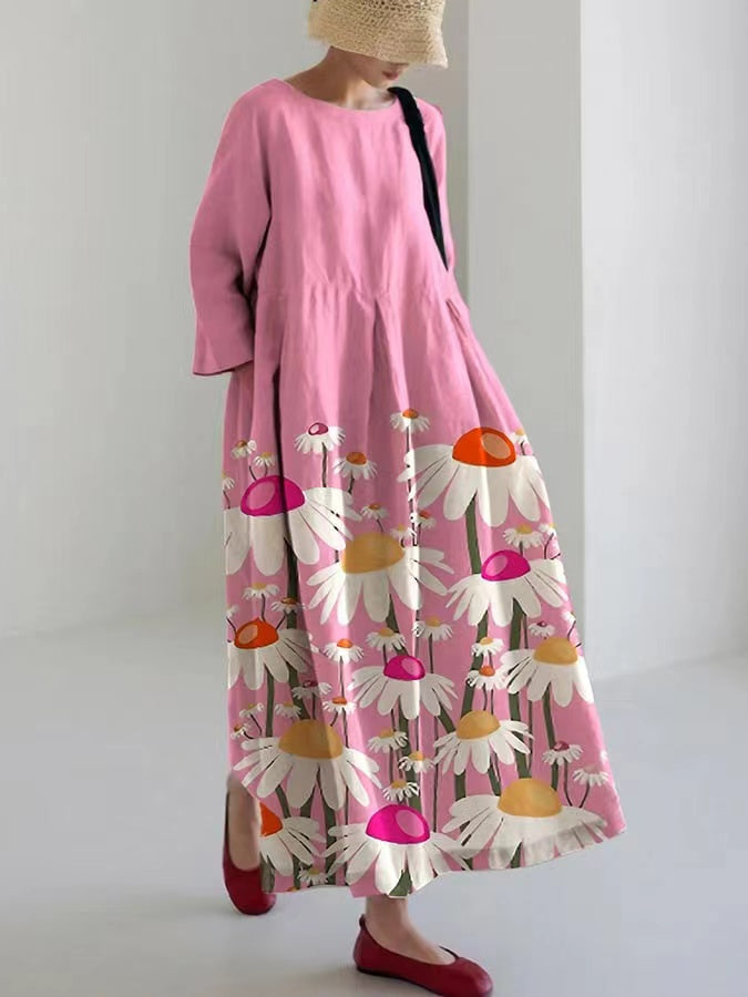 Loose Round Neck Printed Linen Cotton Spring Dresses